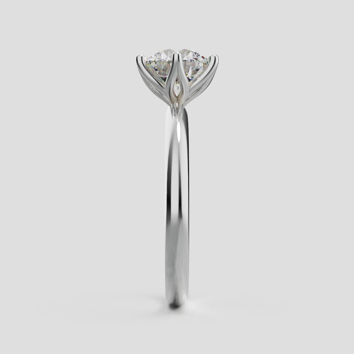 Germoglio, 1.5ct round lab grown diamond engagement ring, Hidden Petal Set, Fixed Width, 18K white gold - side view
