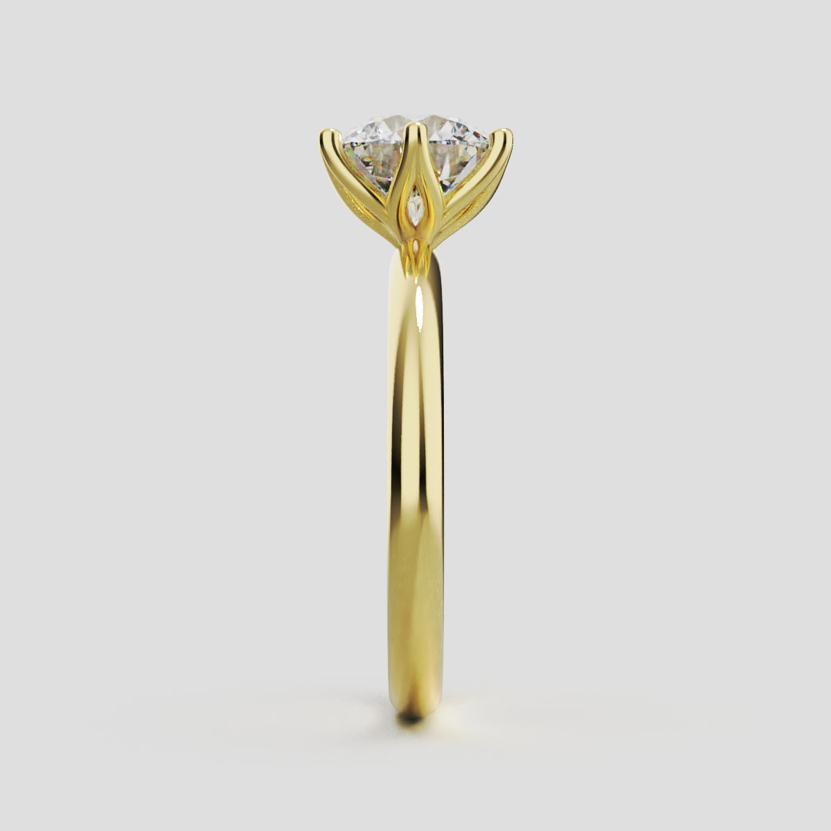 Germoglio, 1.5ct round lab grown diamond engagement ring, Hidden Petal Set, Fixed Width, 18K yellow gold - side view