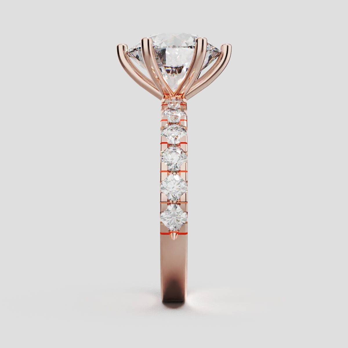 Via Lattea, 3ct round lab grown diamond engagement ring, 2.3mm Pave, 6 Prongs, 18K rose gold - side view