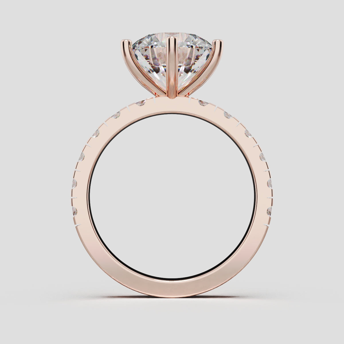 Via Lattea, 3ct round lab grown diamond engagement ring, 2.3mm Pave, 6 Prongs, 18K rose gold - through finger