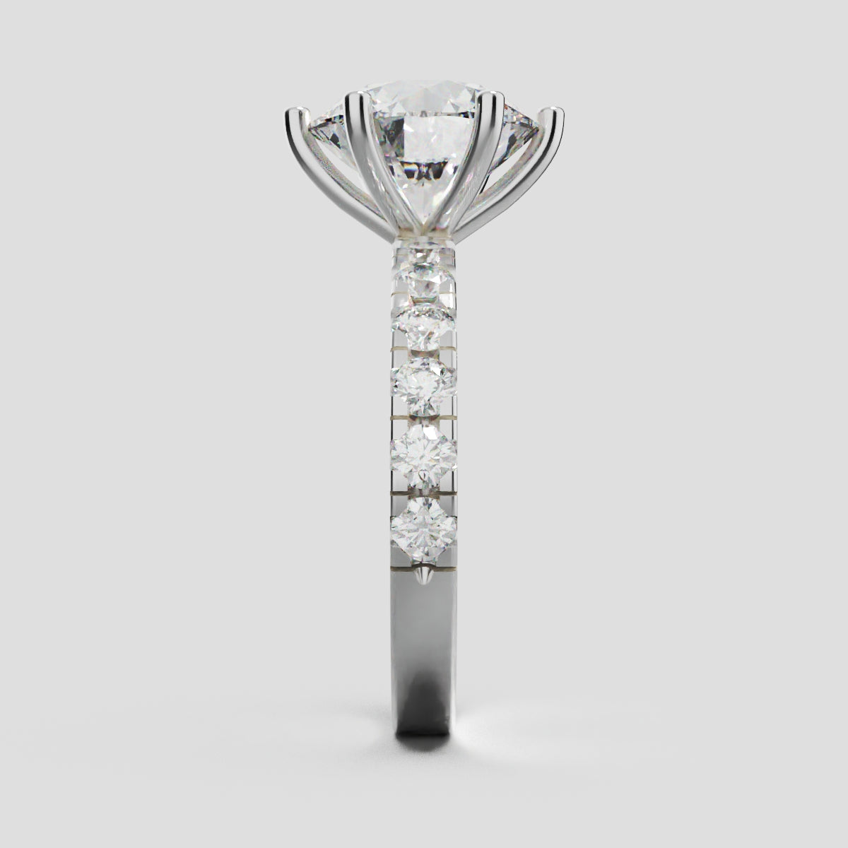 Via Lattea, 3ct round lab grown diamond engagement ring, 2.3mm Pave, 6 Prongs, 18K white gold - side view
