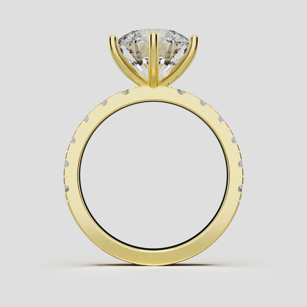 Via Lattea, 3ct round lab grown diamond engagement ring, 2.3mm Pave, 6 Prongs, 18K yellow gold - through finger