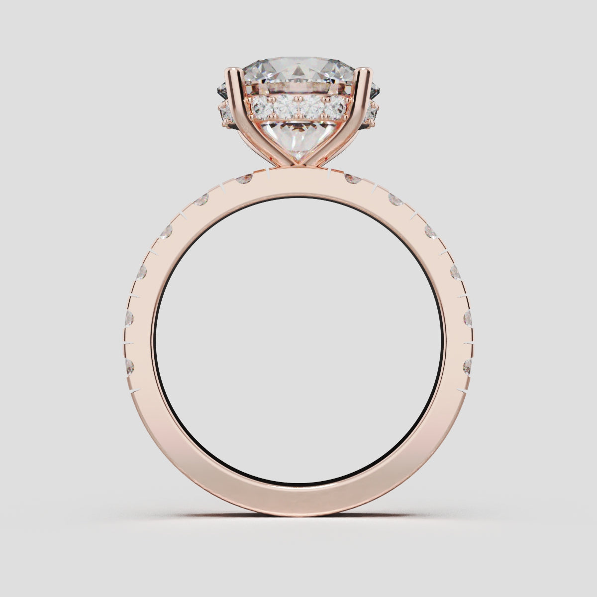 Eclissi, 3ct round lab grown diamond engagement ring, 2.3mm Pave, Hidden Halo, 18K rose gold - through finger