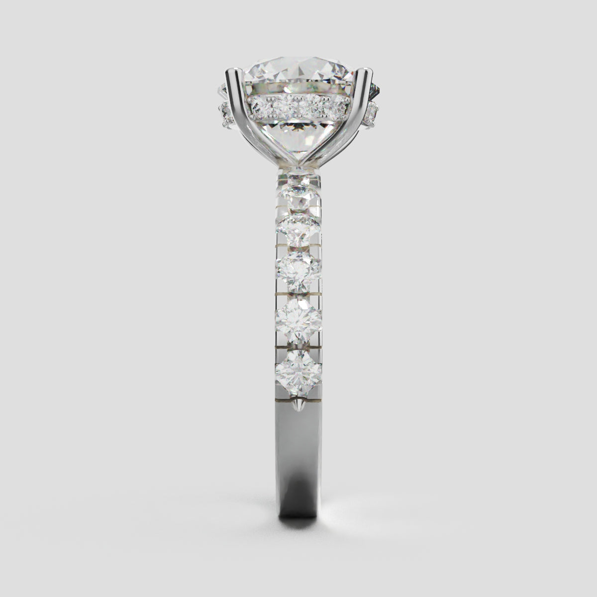Eclissi, 3ct round lab grown diamond engagement ring, 2.3mm Pave, Hidden Halo, 18K white gold - side view