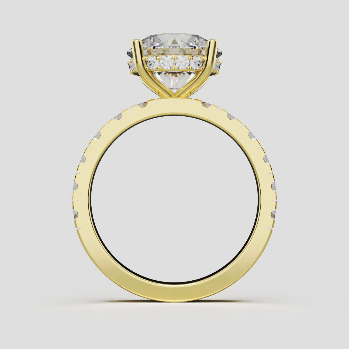 Eclissi, 3ct round lab grown diamond engagement ring, 2.3mm Pave, Hidden Halo, 18K yellow gold - through finger