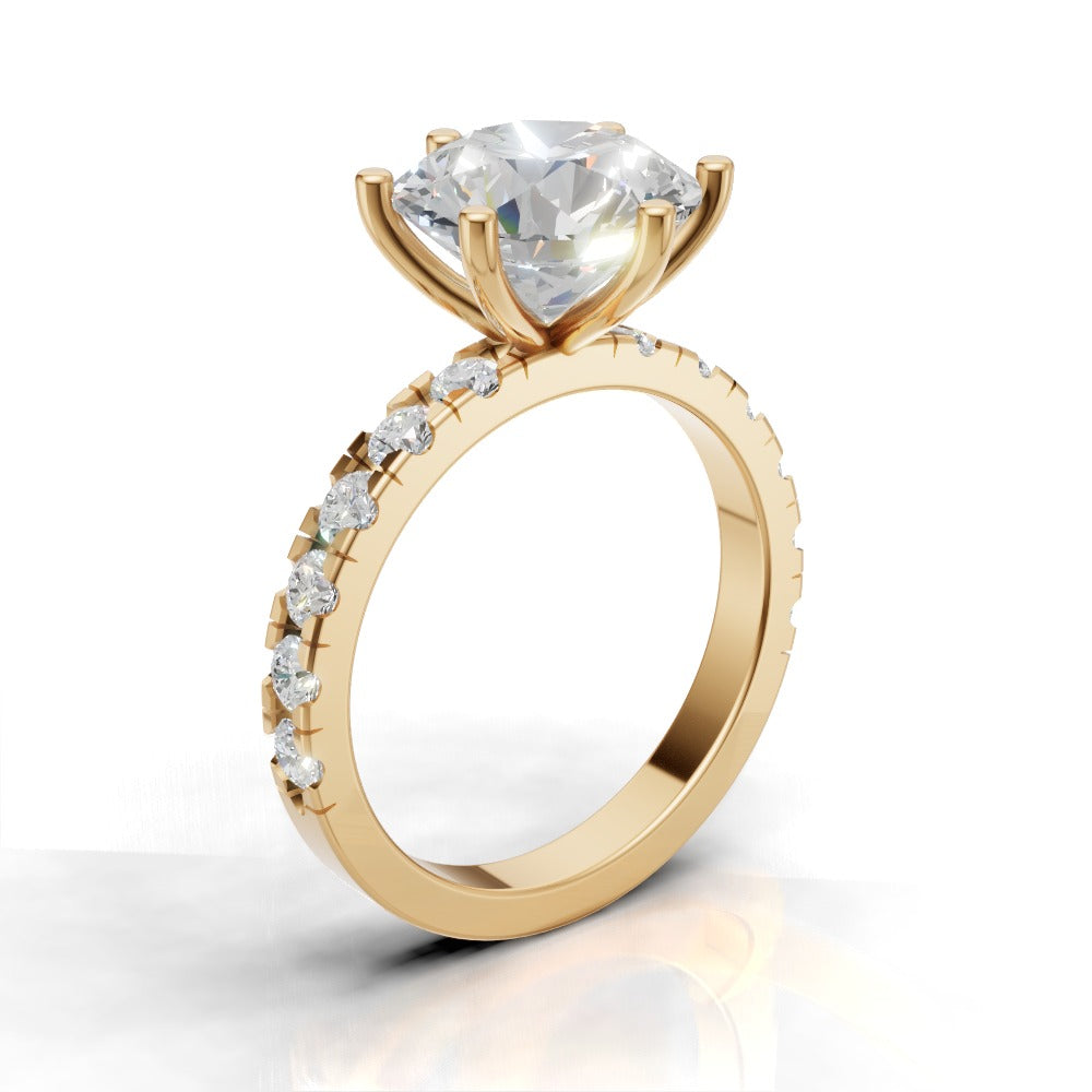 Via Lattea, 3ct round lab grown diamond engagement ring, 2.3mm Pave, 6 Prongs, 18K yellow gold - ne
