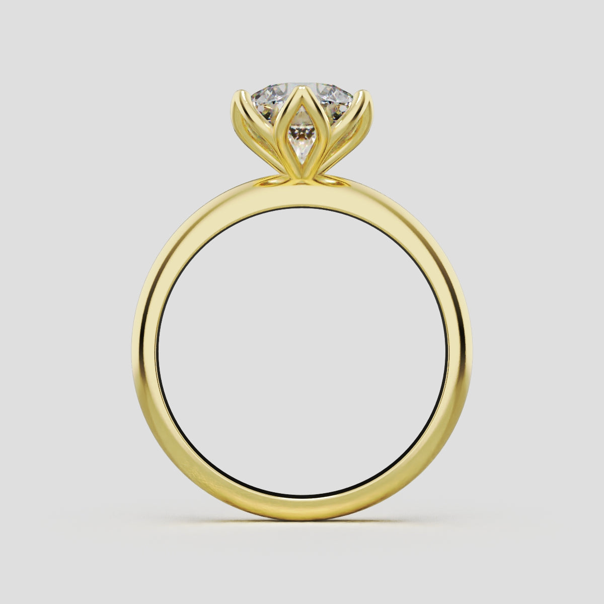 Fiorita, 1.5ct round lab grown diamond engagement ring, Petal Visible, 18K yellow gold - through finger