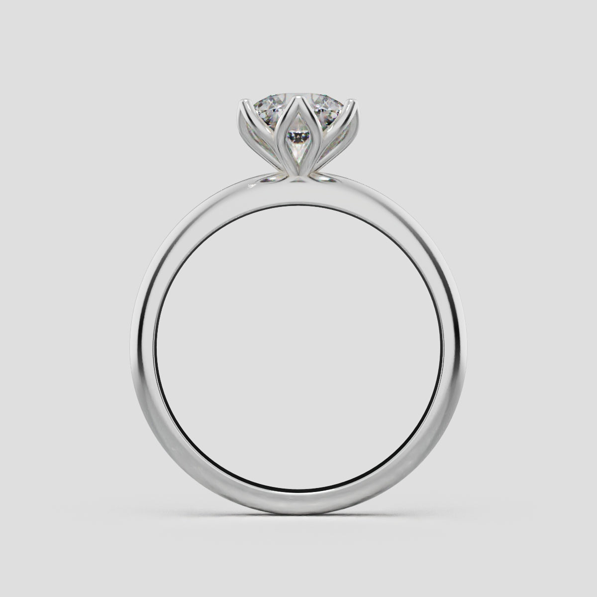 Fiorita, 1ct round lab grown diamond engagement ring, Petal Visible, 18K white gold - through finger