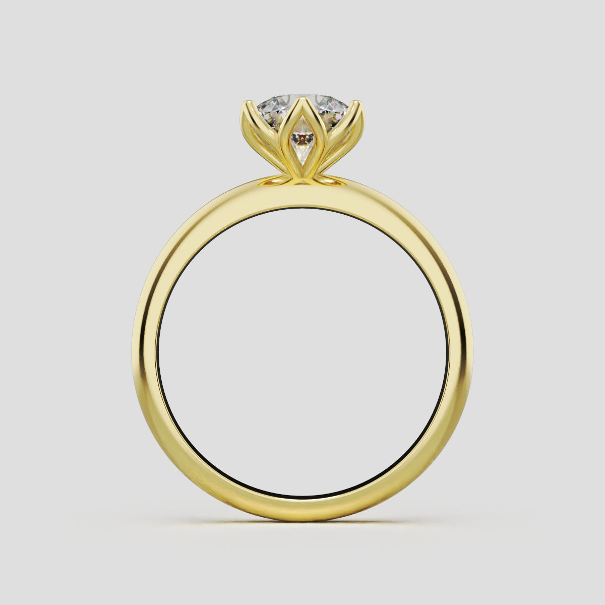 Fiorita, 1ct round lab grown diamond engagement ring, Petal Visible, 18K yellow gold - through finger