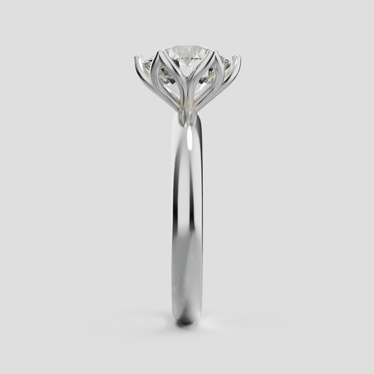 Fiorita, 2ct round lab grown diamond engagement ring, Petal Visible, 18K white gold - side view