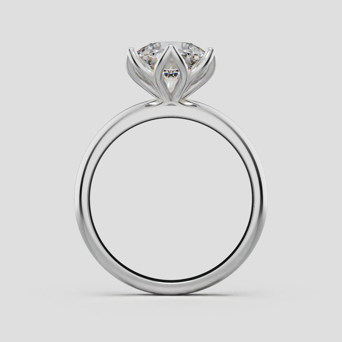 Fiorita, 2ct round lab grown diamond engagement ring, Petal Visible, 18K white gold - through finger