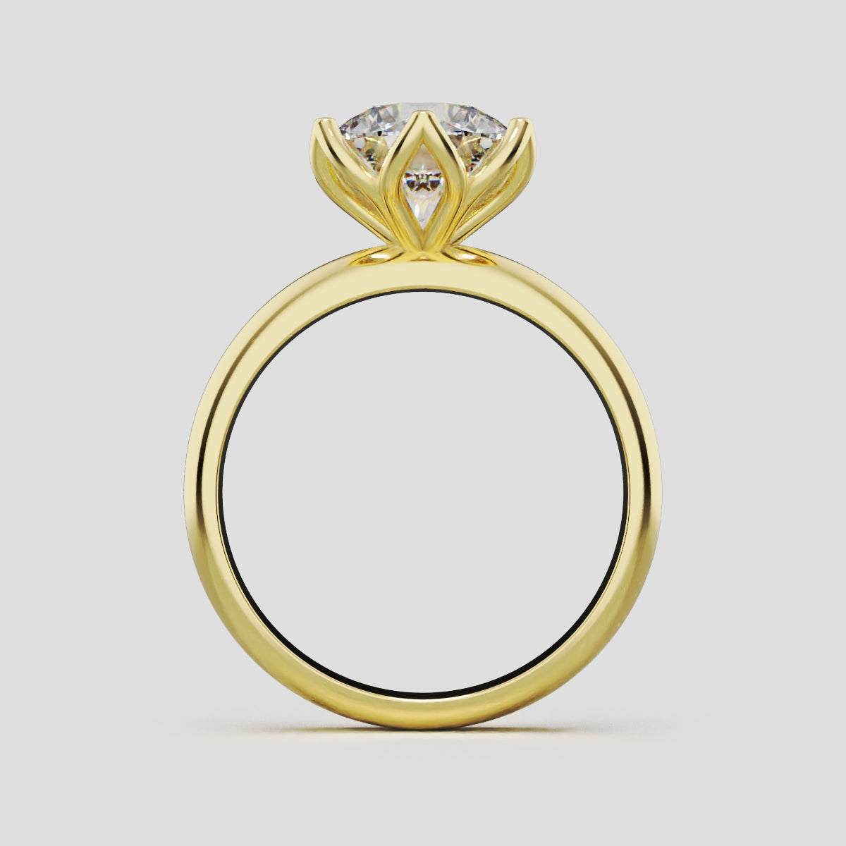 Fiorita, 2ct round lab grown diamond engagement ring, Petal Visible, 18K yellow gold - through finger
