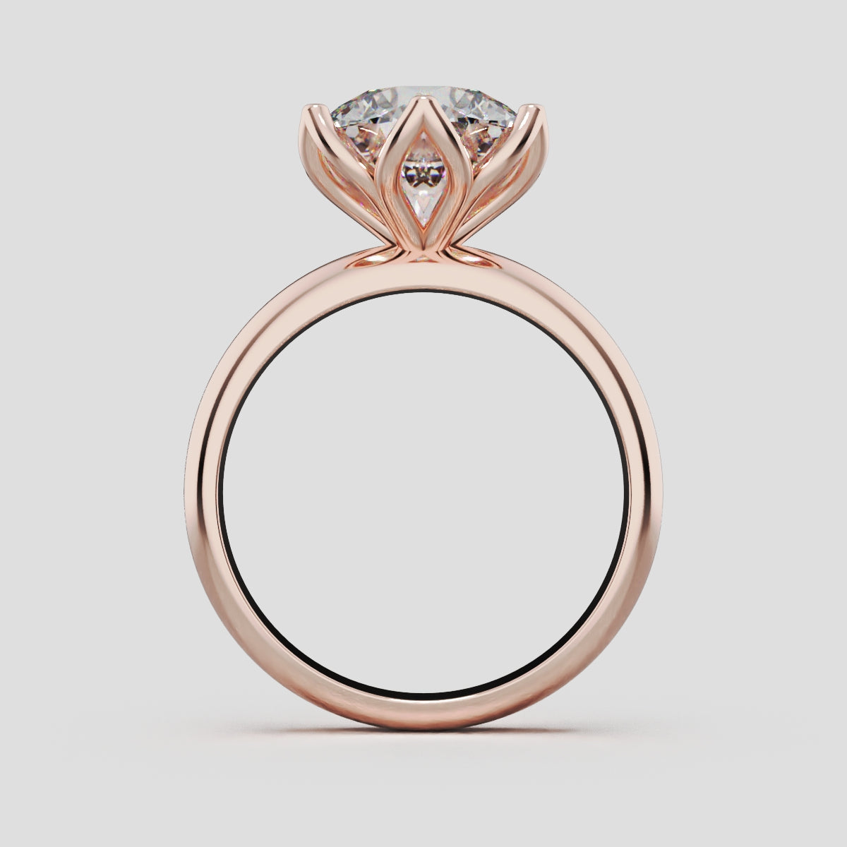 Fiorita, 3ct round lab grown diamond engagement ring, Petal Visible, 18K rose gold - through finger