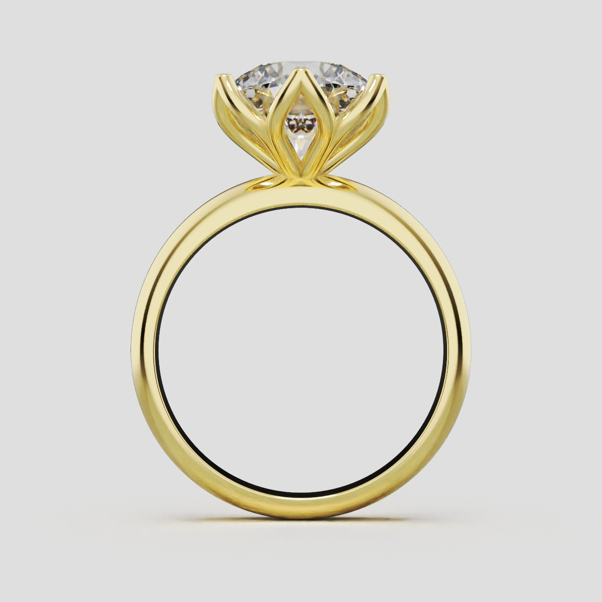 Fiorita, 3ct round lab grown diamond engagement ring, Petal Visible, 18K yellow gold - through finger