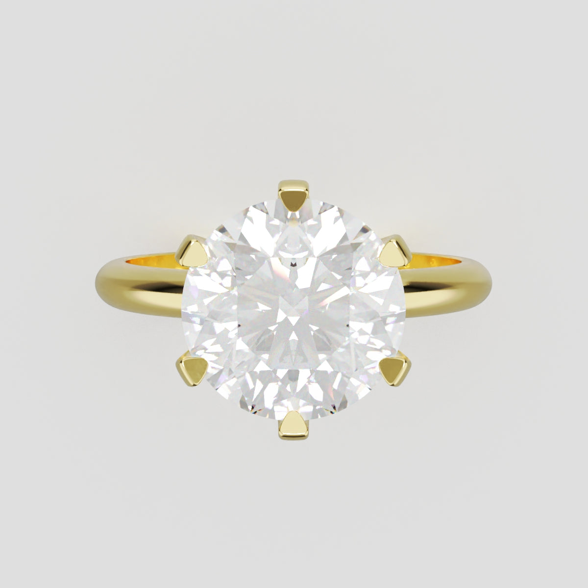 Sei Stelle, 3ct round lab grown diamond engagement ring, Plain Sides, 6 Prongs, 18K yellow gold - front view