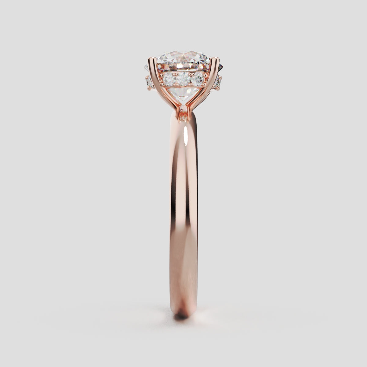 Segreto, 1.5ct round lab grown diamond engagement ring, Plain Sides, Hidden Halo, 4 Prongs, 18K rose gold - side view
