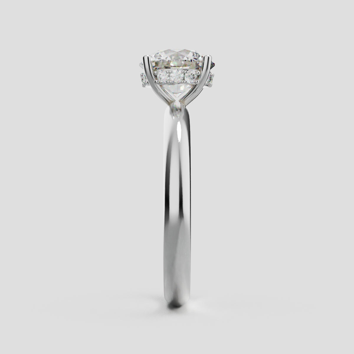 Segreto, 1.5ct round lab grown diamond engagement ring, Plain Sides, Hidden Halo, 4 Prongs, 18K white gold - side view