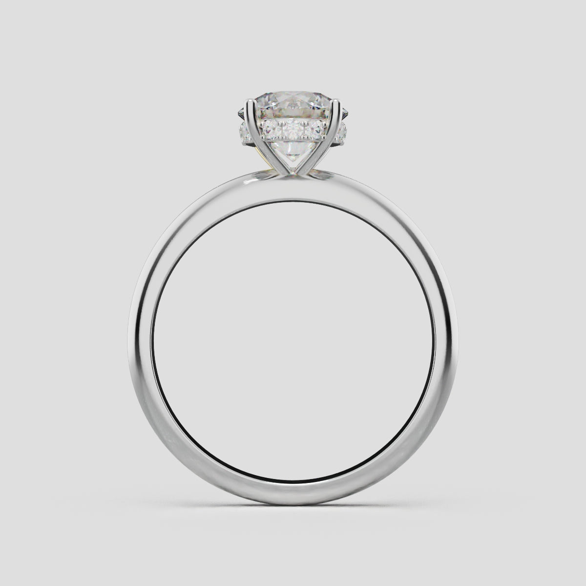 Segreto, 1ct round lab grown diamond engagement ring, Plain Sides, Hidden Halo, 4 Prongs, 18K white gold - through finger