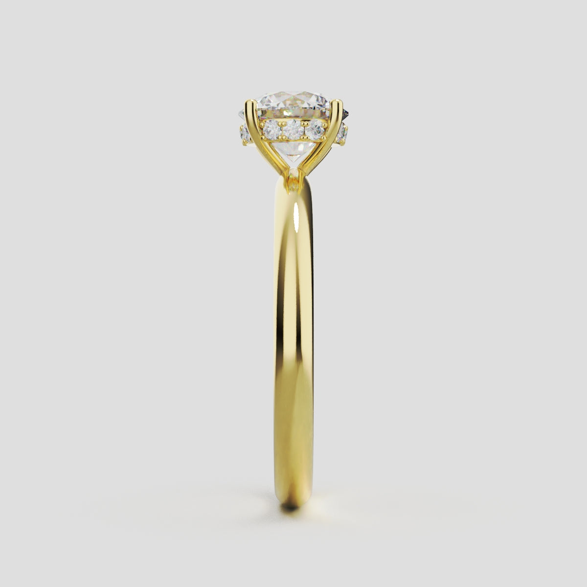 Segreto, 1ct round lab grown diamond engagement ring, Plain Sides, Hidden Halo, 4 Prongs, 18K yellow gold - side view