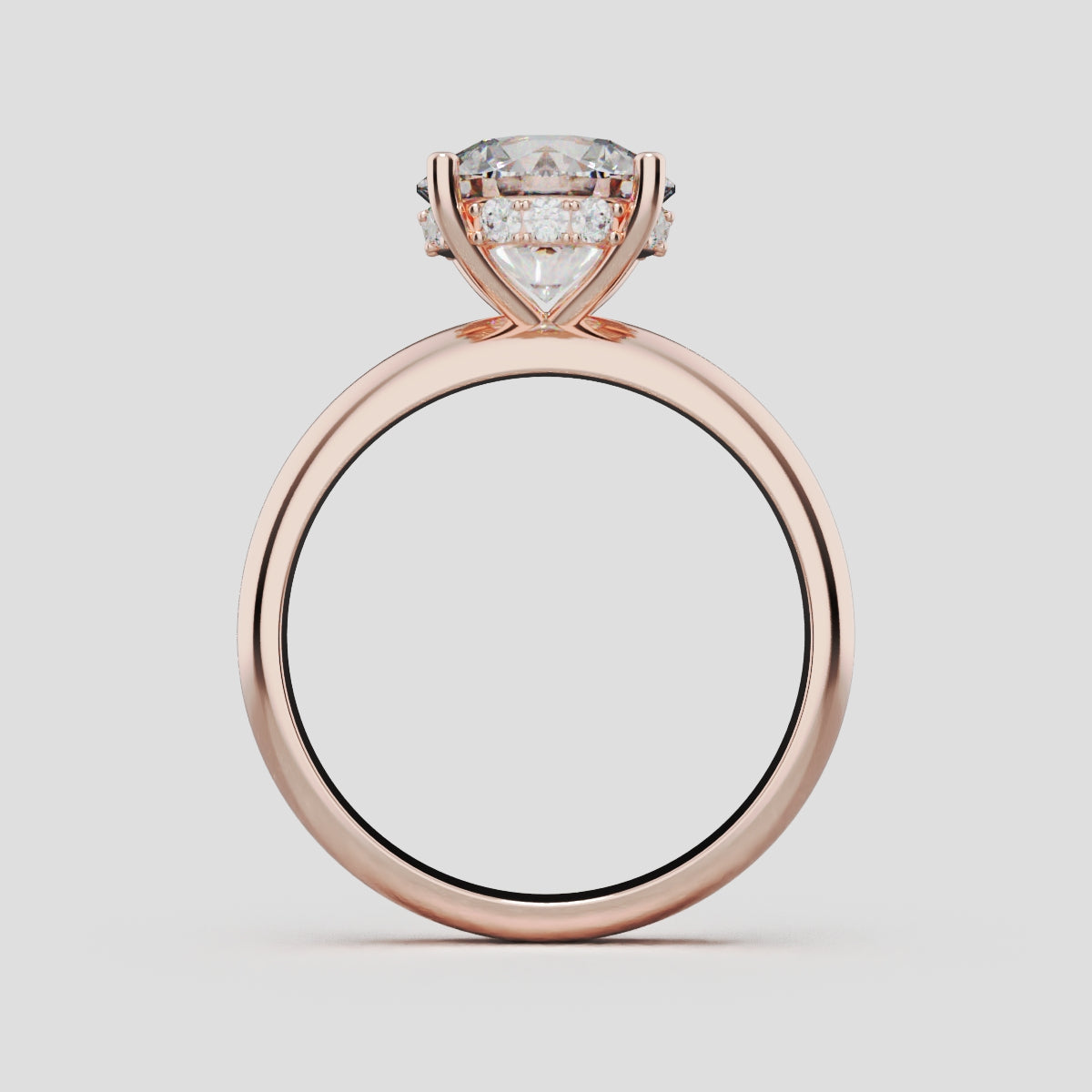 Segreto, 2ct round lab grown diamond engagement ring, Plain Sides, Hidden Halo, 4 Prongs, 18K rose gold - through finger