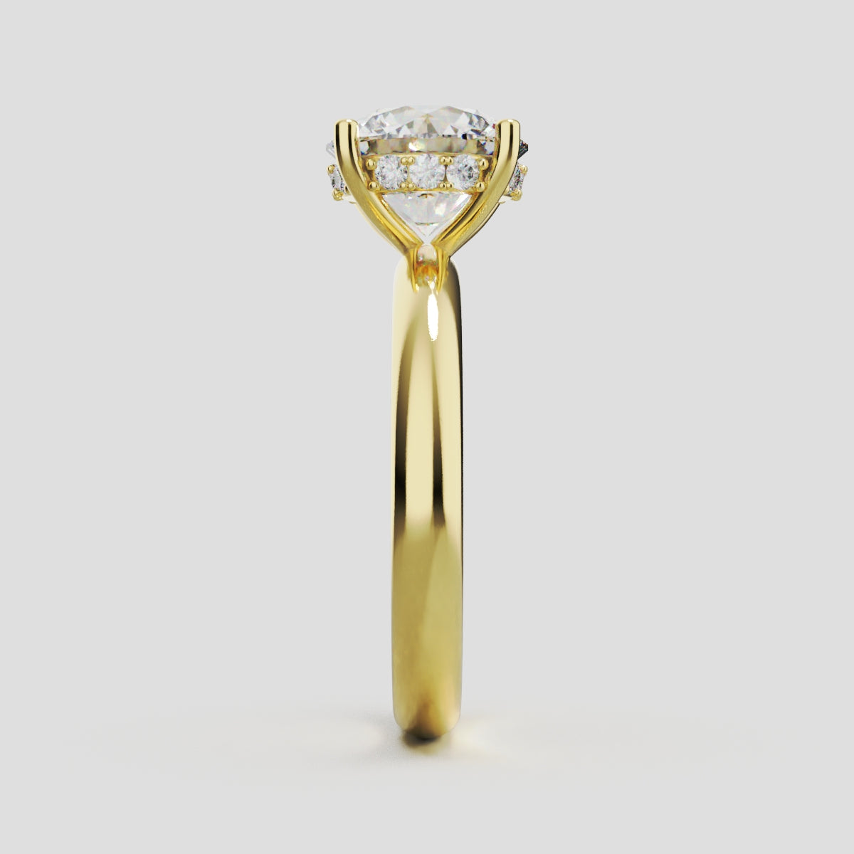 Segreto, 2ct round lab grown diamond engagement ring, Plain Sides, Hidden Halo, 4 Prongs, 18K yellow gold - side view