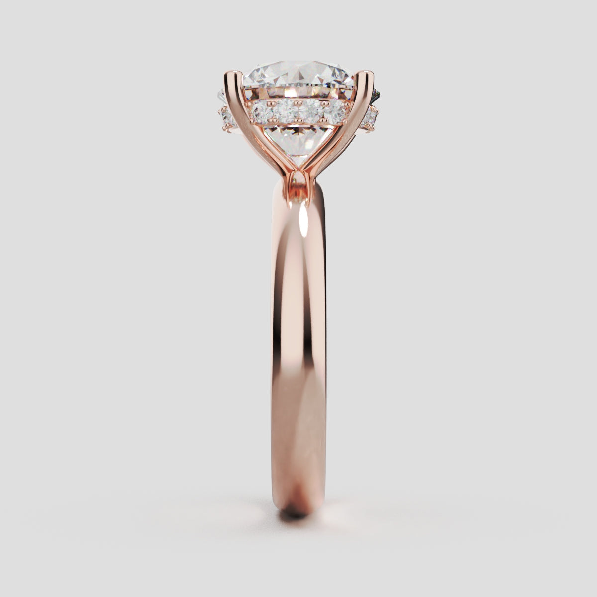 Segreto, 3ct round lab grown diamond engagement ring, Plain Sides, Hidden Halo, 4 Prongs, 18K rose gold - side view