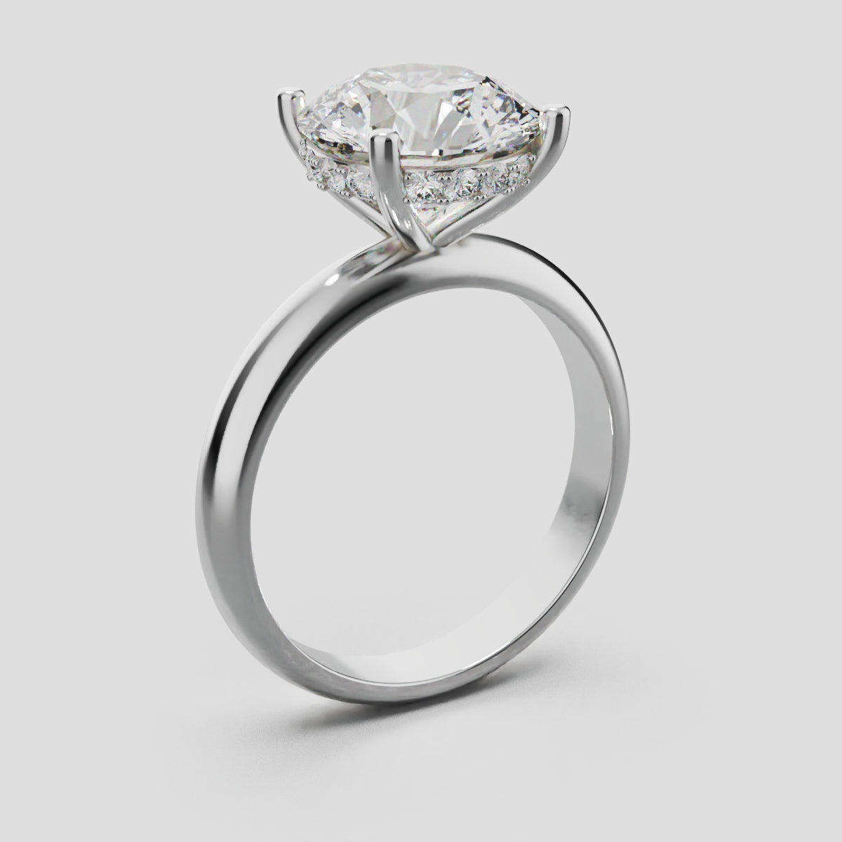 Segreto, 3ct round lab grown diamond engagement ring, Plain Sides, Hidden Halo, 4 Prongs, 18K white gold - ne