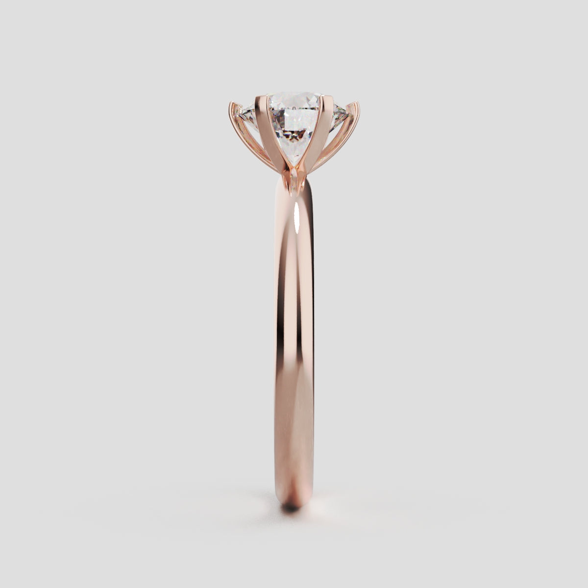 Retta, 1ct round lab grown diamond engagement ring, Plain Sides, 6 Prongs, Fixed Width, 18K rose gold - side view