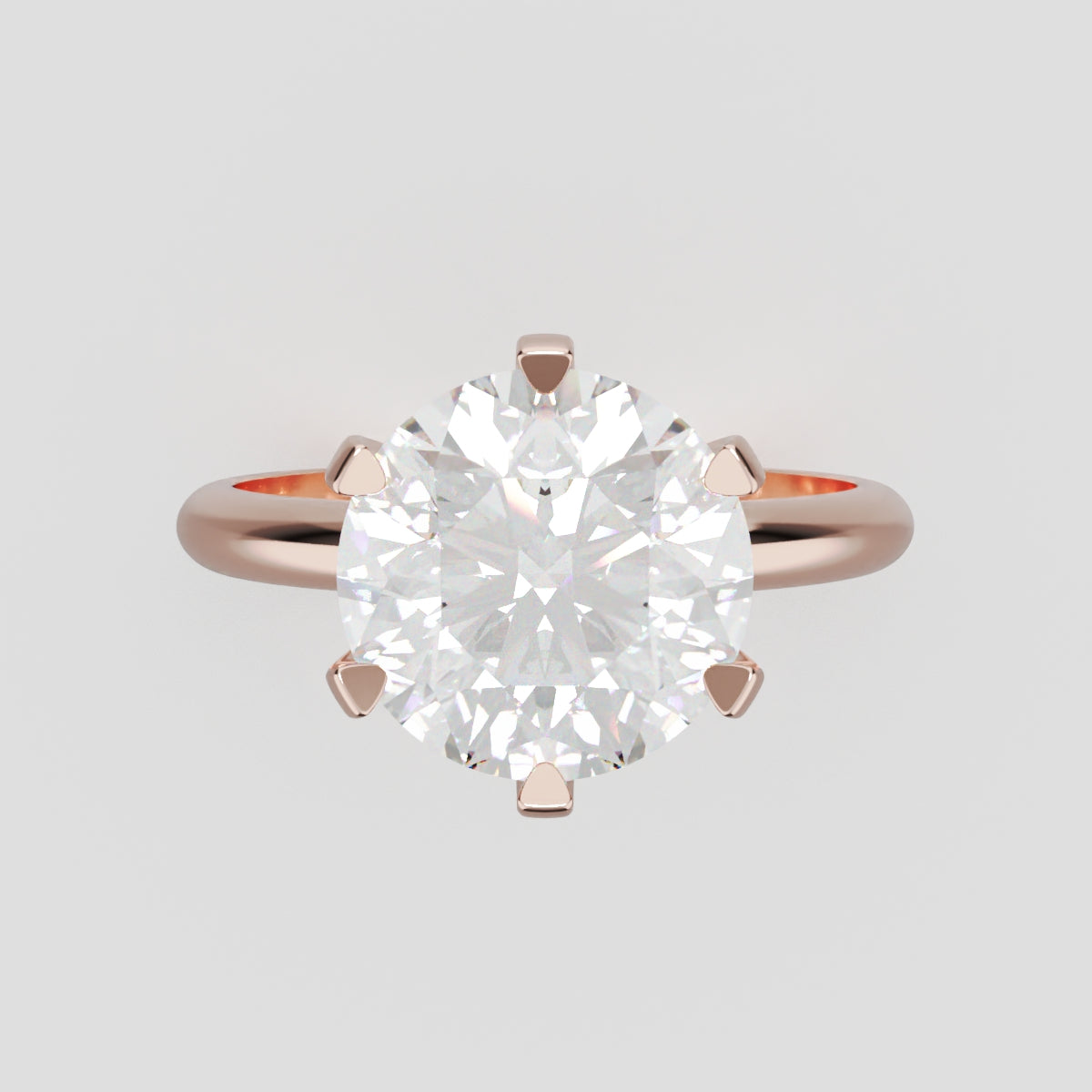 Retta, 3ct round lab grown diamond engagement ring, Plain Sides, 6 Prongs, Fixed Width, 18K rose gold - front view