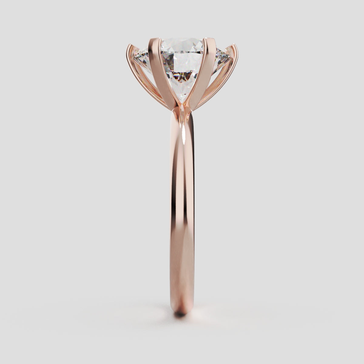 Retta, 3ct round lab grown diamond engagement ring, Plain Sides, 6 Prongs, Fixed Width, 18K rose gold - side view