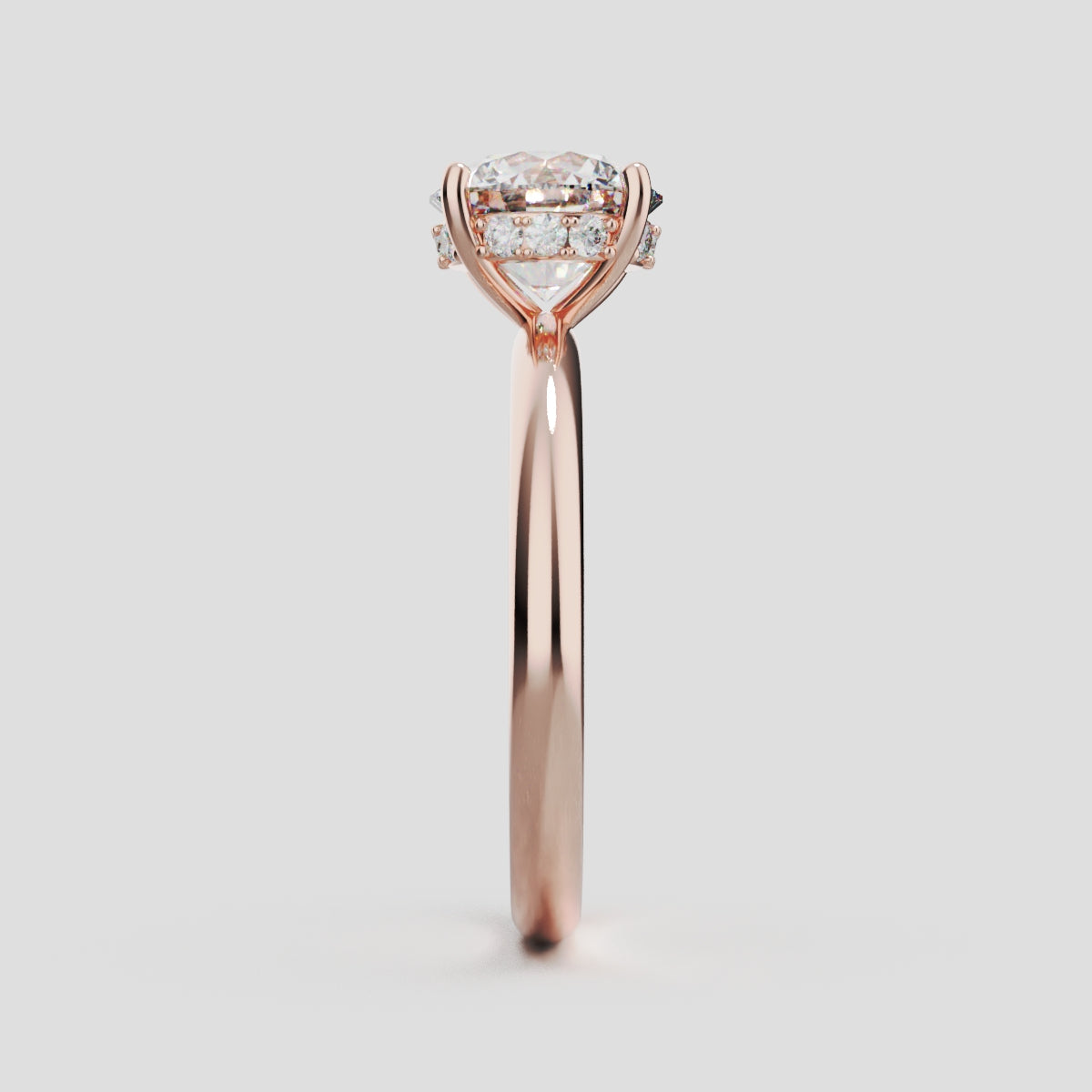 Costante, 1.5ct round lab grown diamond engagement ring, Plain Sides, Hidden Halo, 4 Prongs, Fixed Width, 18K rose gold - side view
