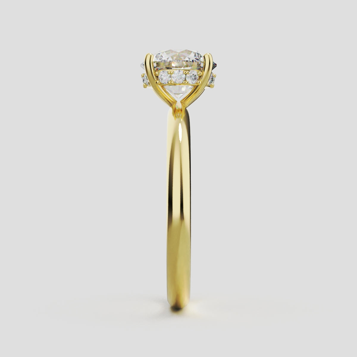 Costante, 1.5ct round lab grown diamond engagement ring, Plain Sides, Hidden Halo, 4 Prongs, Fixed Width, 18K yellow gold - side view