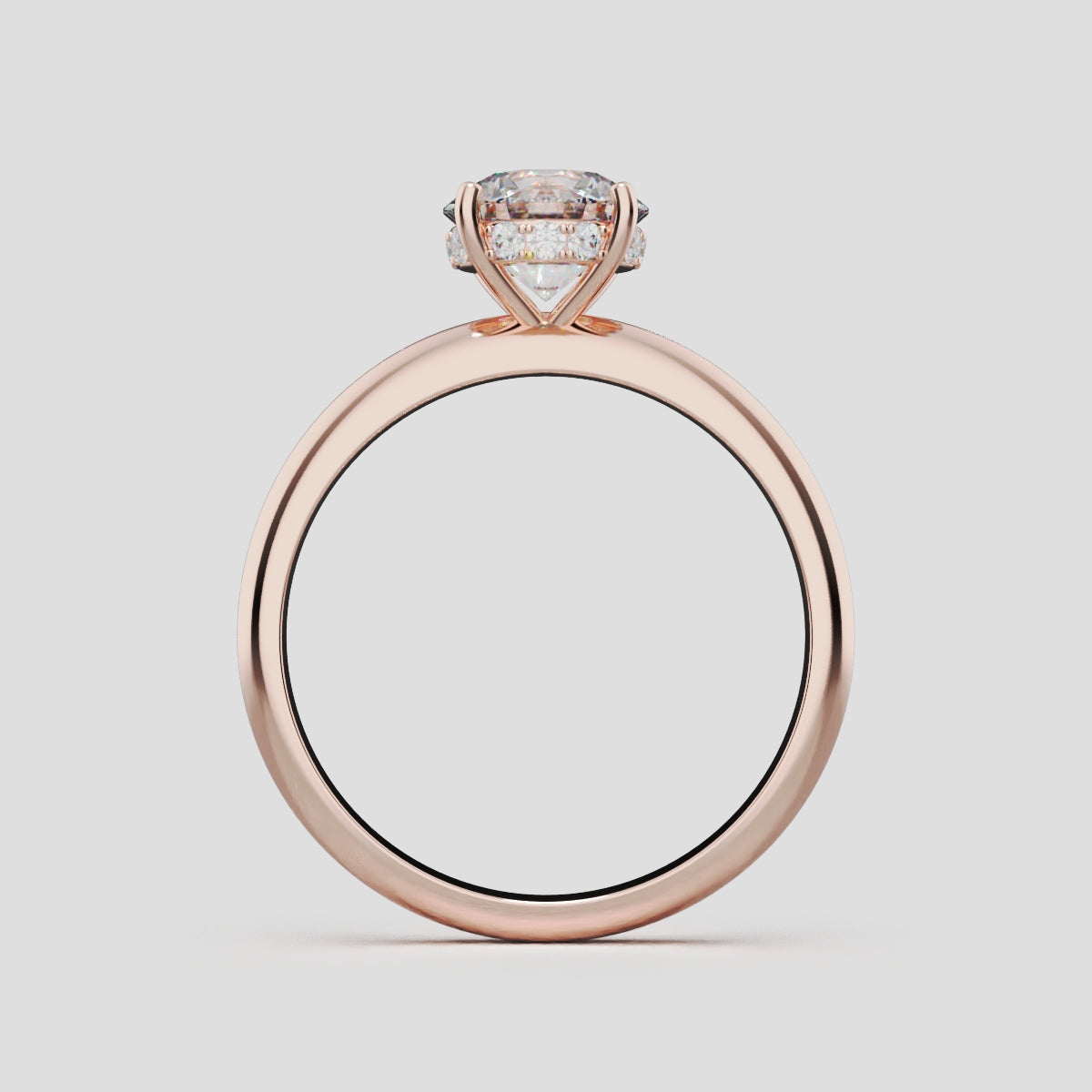 Costante, 1ct round lab grown diamond engagement ring, Plain Sides, Hidden Halo, 4 Prongs, Fixed Width, 18K rose gold - through finger