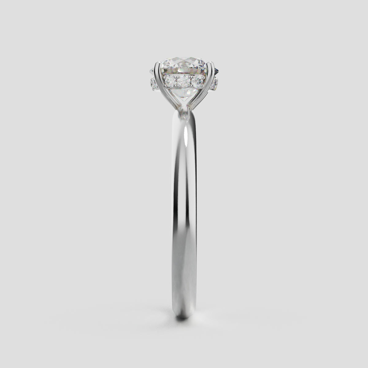 Costante, 1ct round lab grown diamond engagement ring, Plain Sides, Hidden Halo, 4 Prongs, Fixed Width, 18K white gold - side view