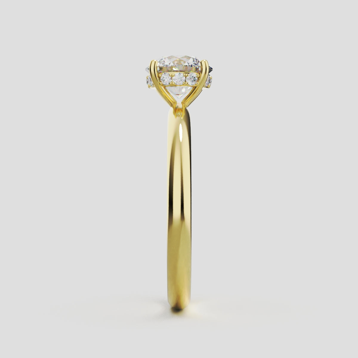 Costante, 1ct round lab grown diamond engagement ring, Plain Sides, Hidden Halo, 4 Prongs, Fixed Width, 18K yellow gold - side view