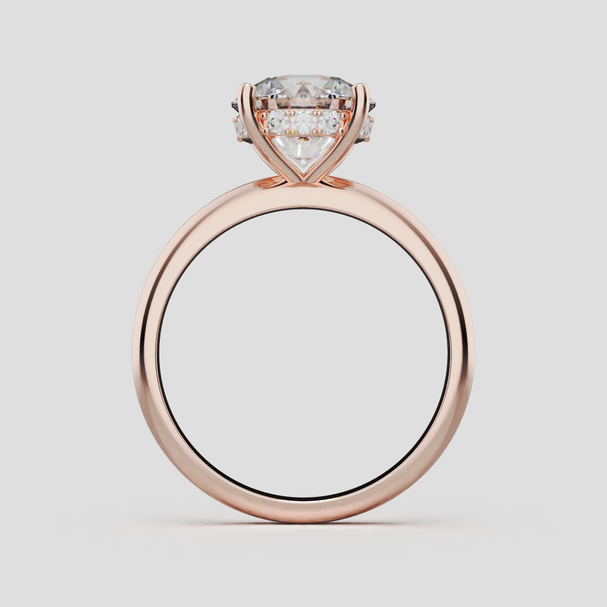 Costante, 2ct round lab grown diamond engagement ring, Plain Sides, Hidden Halo, 4 Prongs, Fixed Width, 18K rose gold - through finger