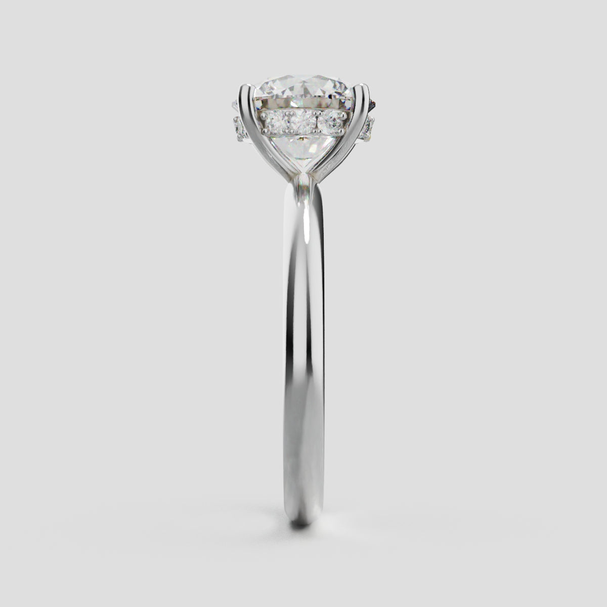 Costante, 2ct round lab grown diamond engagement ring, Plain Sides, Hidden Halo, 4 Prongs, Fixed Width, 18K white gold - side view