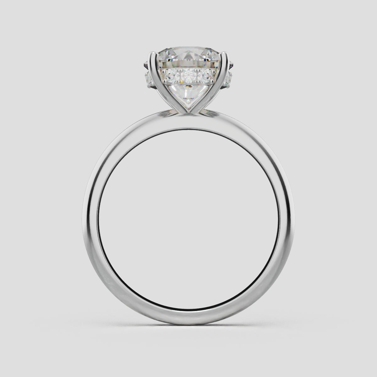 Costante, 2ct round lab grown diamond engagement ring, Plain Sides, Hidden Halo, 4 Prongs, Fixed Width, 18K white gold - through finger