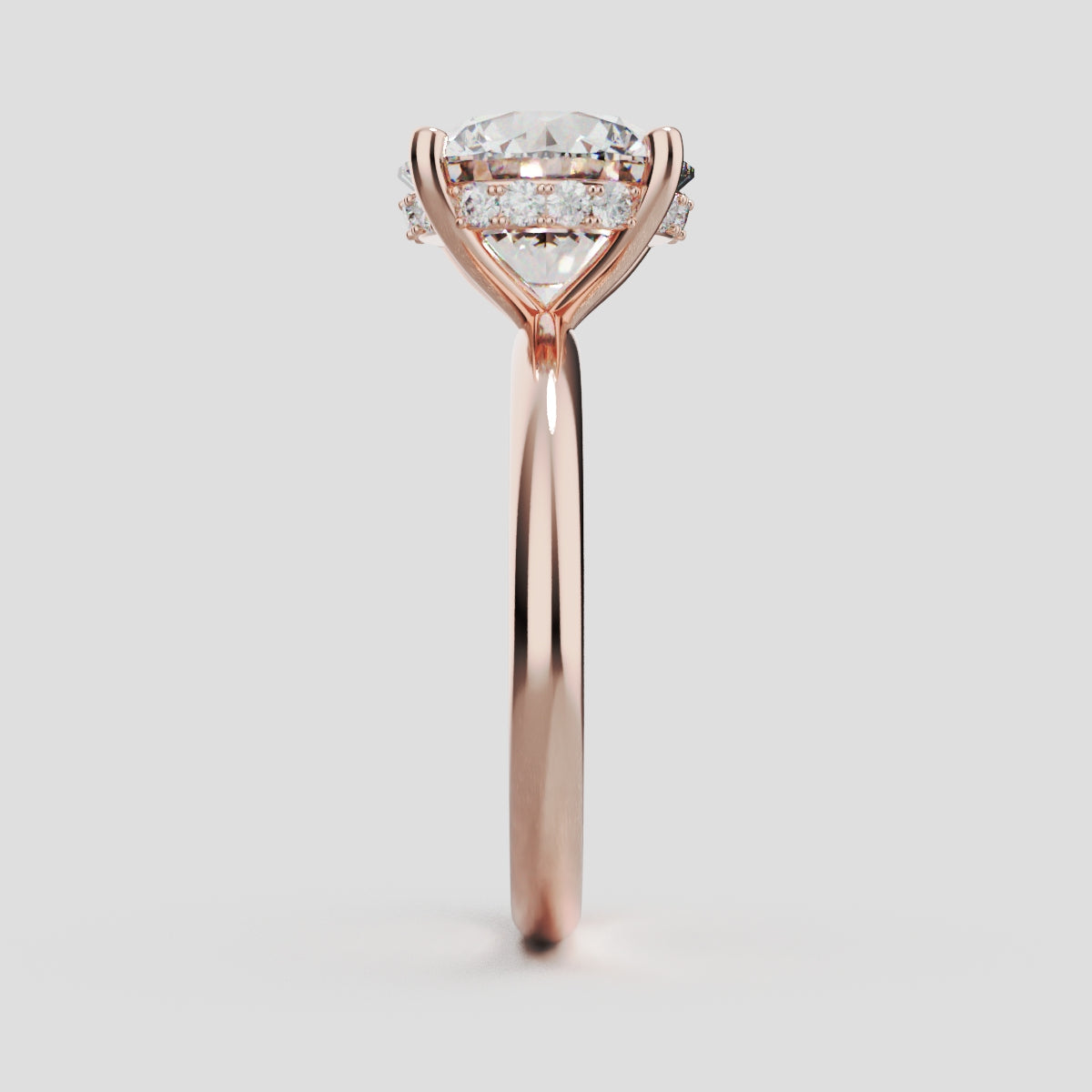 Costante, 3ct round lab grown diamond engagement ring, Plain Sides, Hidden Halo, 4 Prongs, Fixed Width, 18K rose gold - side view