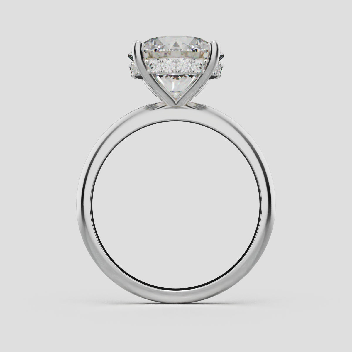 Costante, 3ct round lab grown diamond engagement ring, Plain Sides, Hidden Halo, 4 Prongs, Fixed Width, 18K white gold - through finger