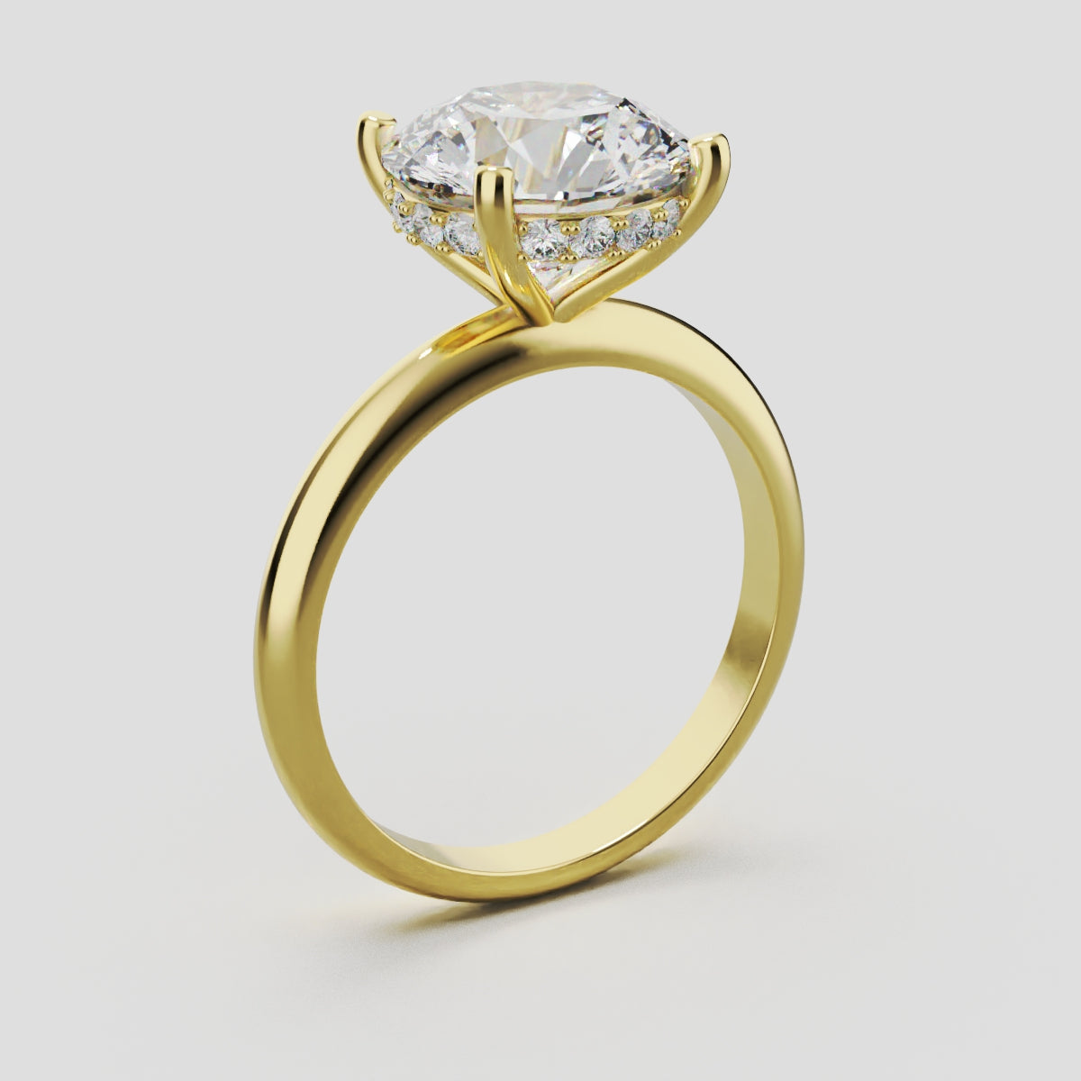 Costante, 3ct round lab grown diamond engagement ring, Plain Sides, Hidden Halo, 4 Prongs, Fixed Width, 18K yellow gold - ne