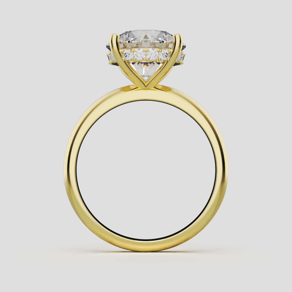 Costante, 3ct round lab grown diamond engagement ring, Plain Sides, Hidden Halo, 4 Prongs, Fixed Width, 18K yellow gold - through finger