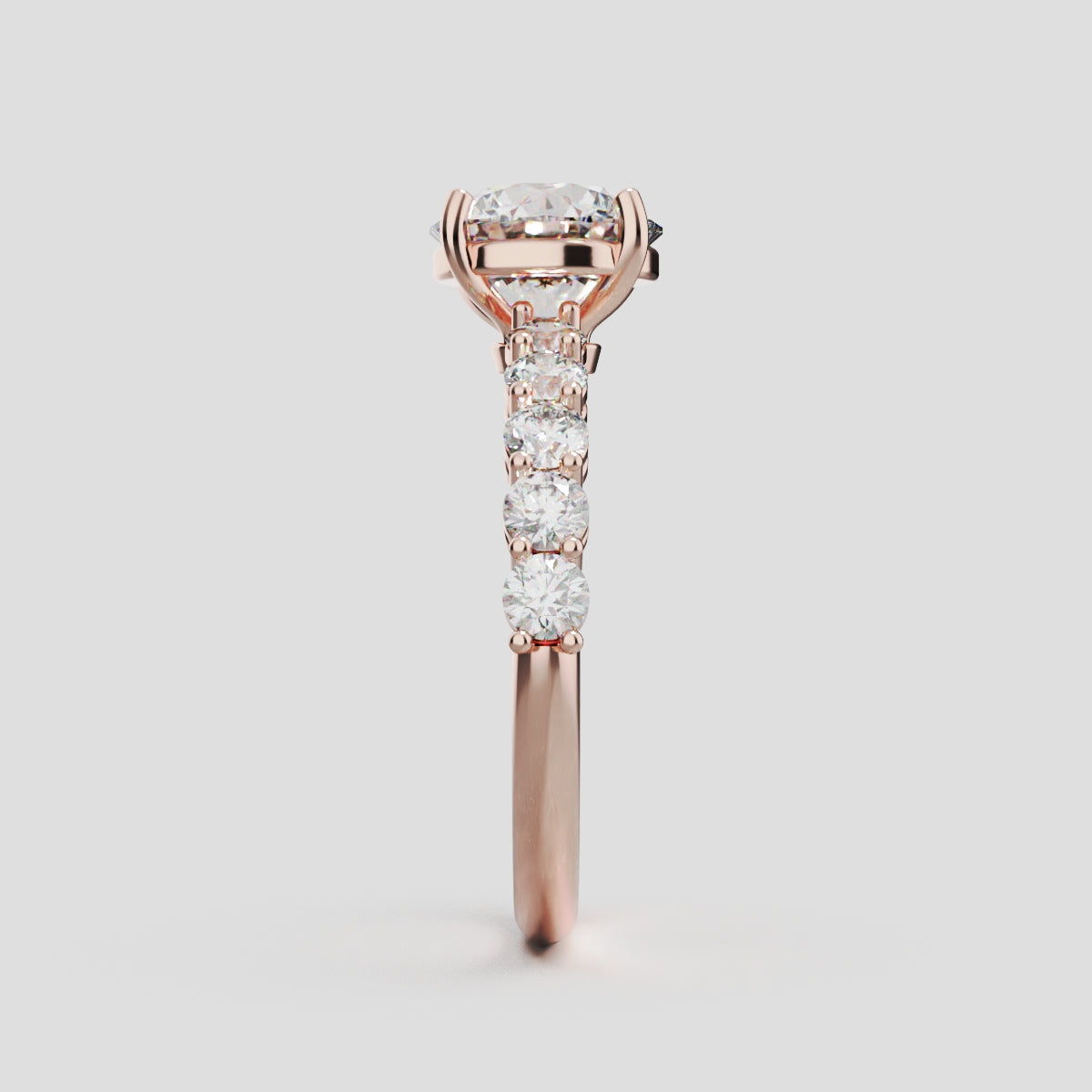 Sentiero, 1.5ct round lab grown diamond engagement ring, 2.5mm Side Stones, 18K rose gold - side view