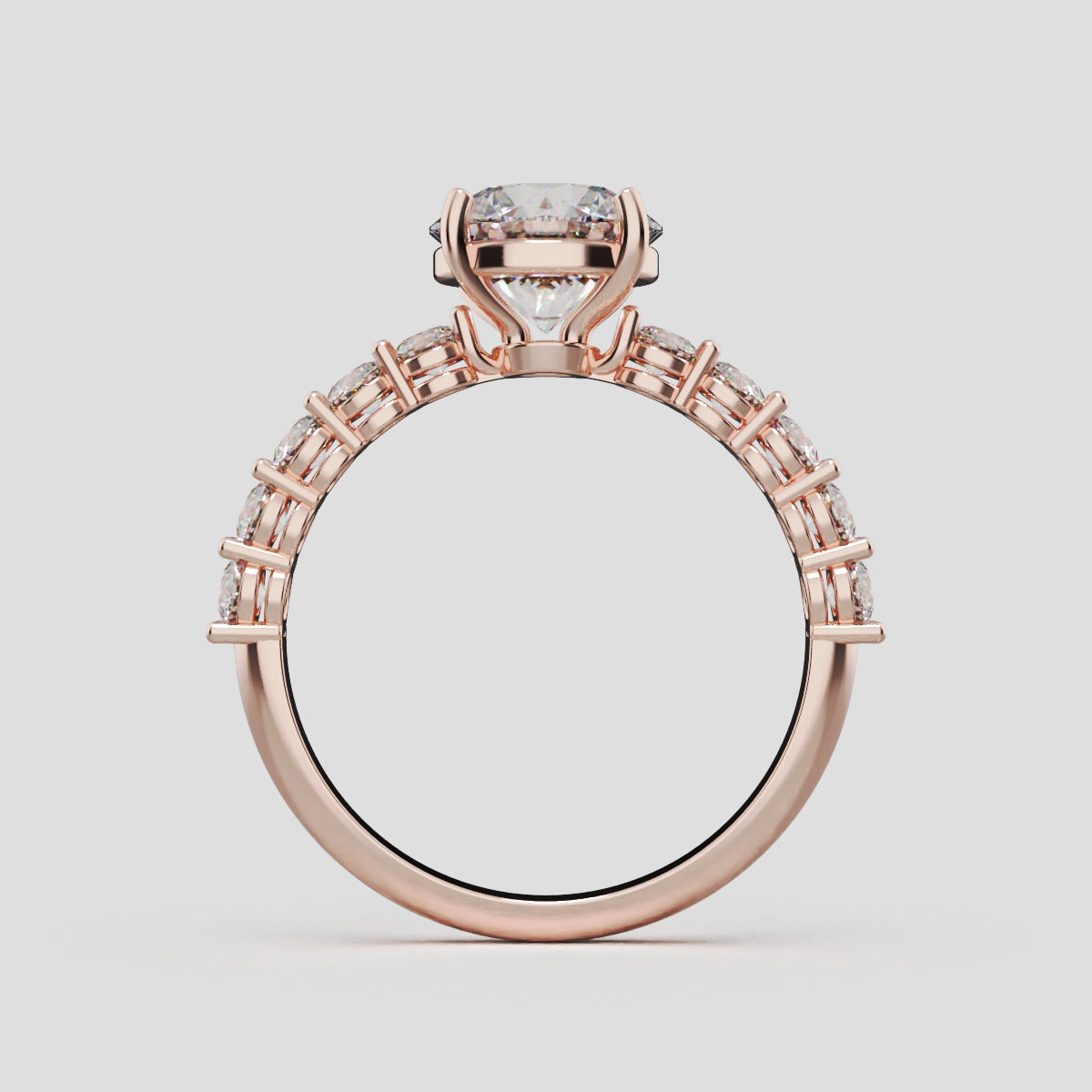 Sentiero, 1.5ct round lab grown diamond engagement ring, 2.5mm Side Stones, 18K rose gold - through finger