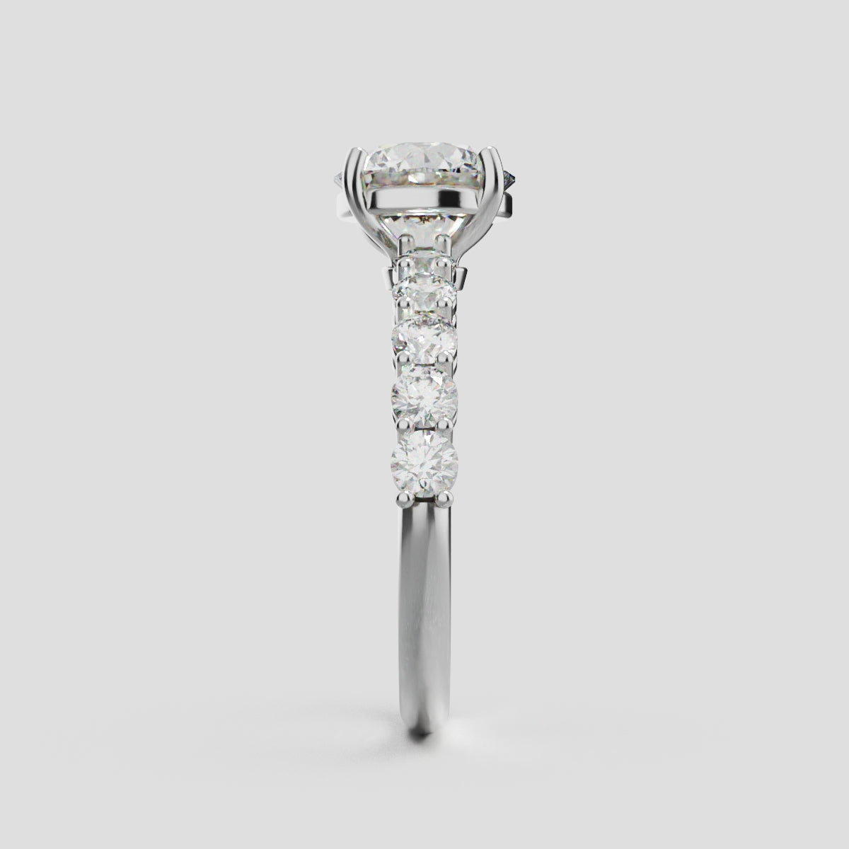 Sentiero, 1.5ct round lab grown diamond engagement ring, 2.5mm Side Stones, 18K white gold - side view
