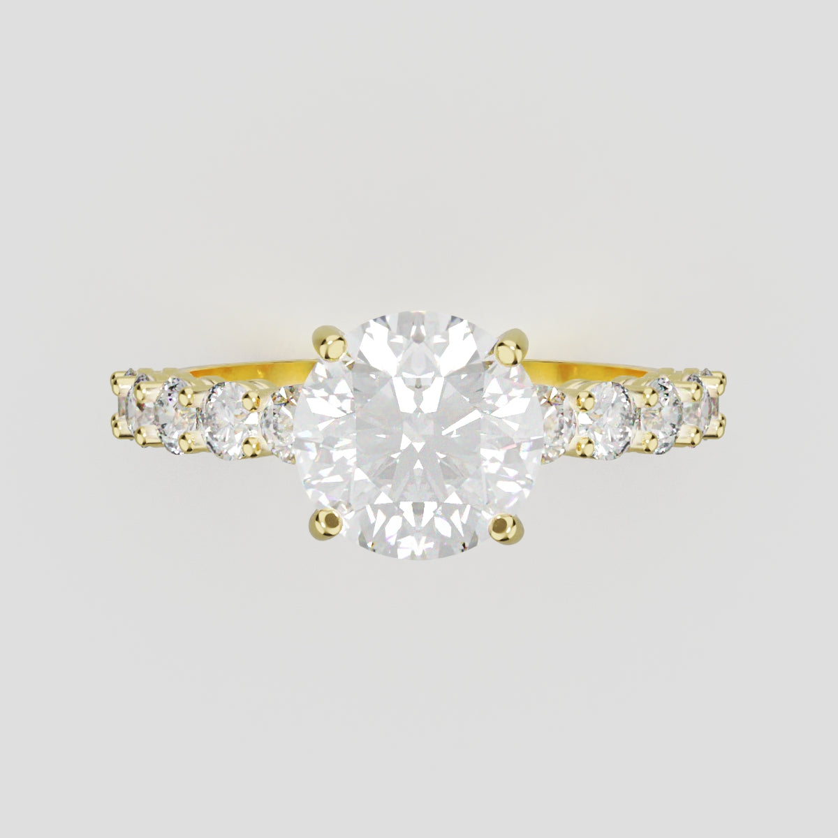 Sentiero, 1.5ct round lab grown diamond engagement ring, 2.5mm Side Stones, 18K yellow gold - front view