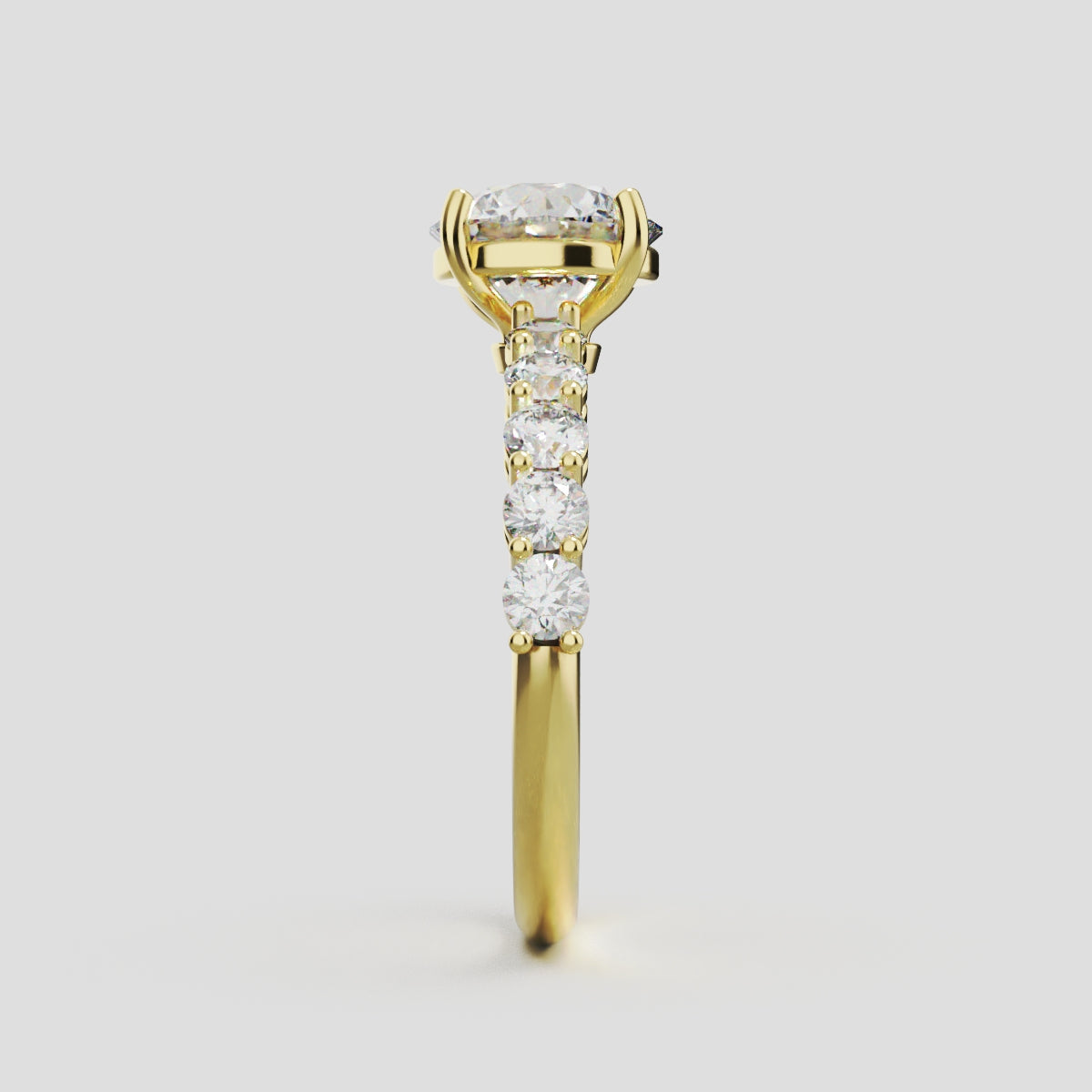 Sentiero, 1.5ct round lab grown diamond engagement ring, 2.5mm Side Stones, 18K yellow gold - side view