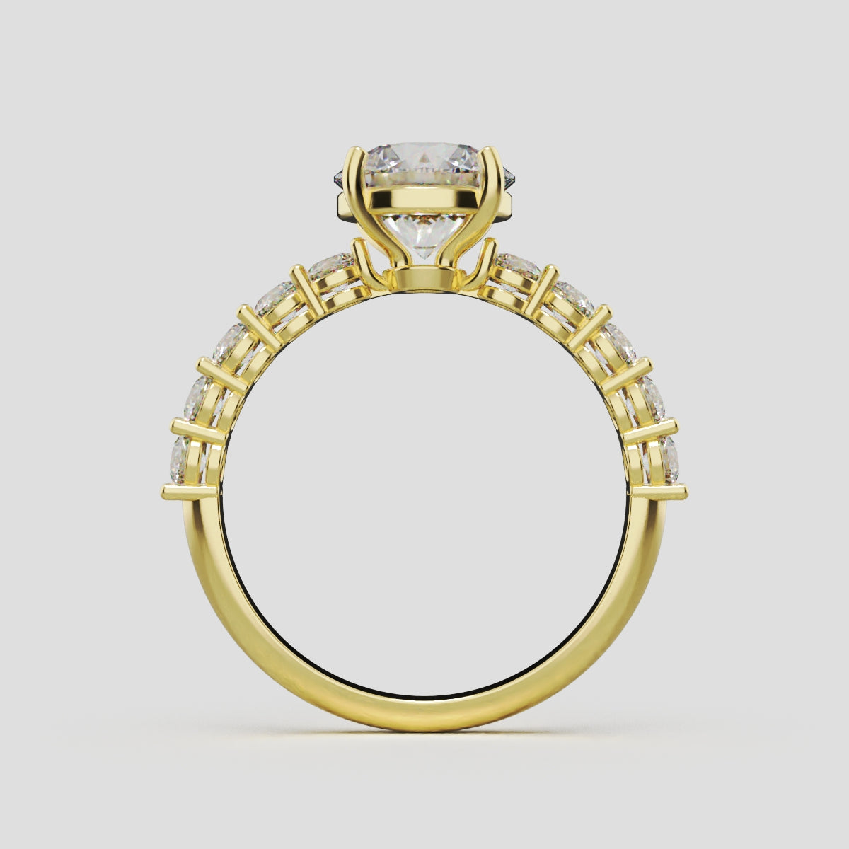 Sentiero, 1.5ct round lab grown diamond engagement ring, 2.5mm Side Stones, 18K yellow gold - through finger