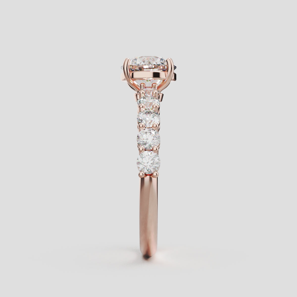 Sentiero, 1ct round lab grown diamond engagement ring, 2.5mm Side Stones, 18K rose gold - side view
