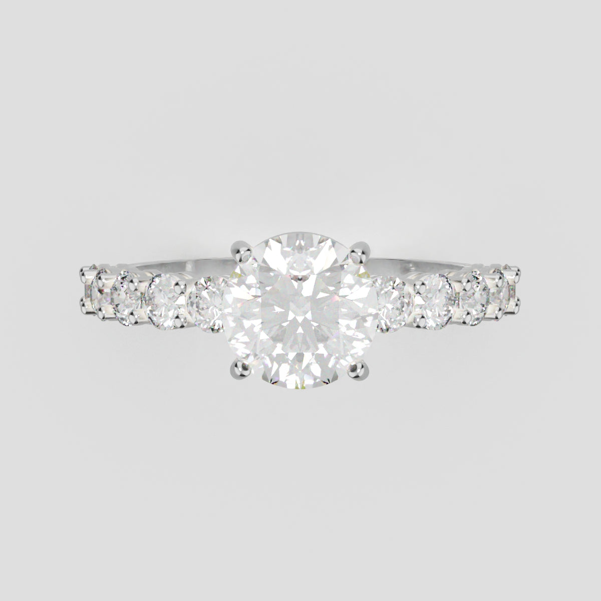 Sentiero, 1ct round lab grown diamond engagement ring, 2.5mm Side Stones, 18K white gold - front view